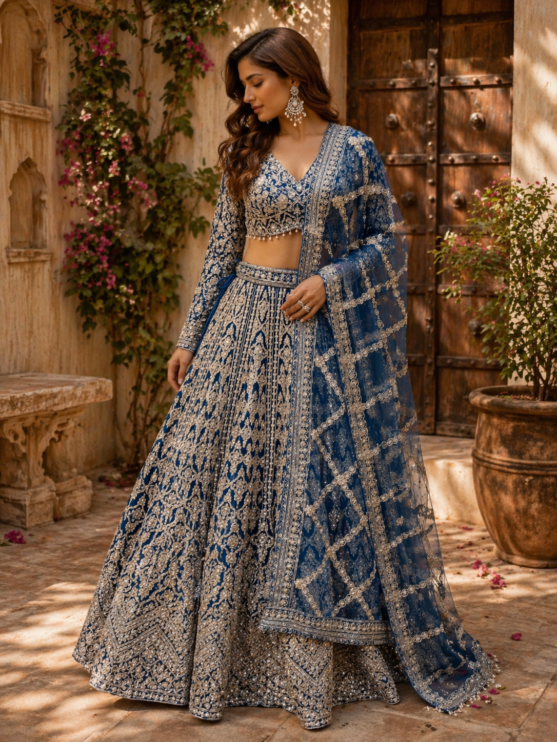 Royal Blue Heavily Embroidered Bridal Lehenga Set with Net Dupatta